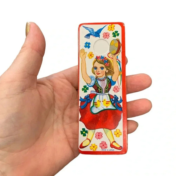 Set of 2 vintage tin New Years Eve noise makers ratchet Japan lady in dirndl - Picture 3 of 4